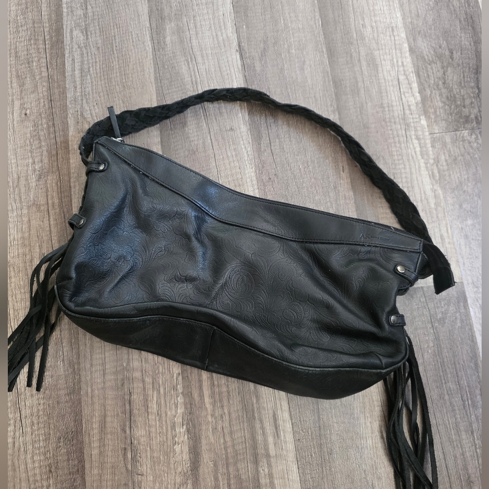 Vintage ANNE KLEIN black Leatger Fringe Croissant Shoulder Hobo Bag Y2k Western